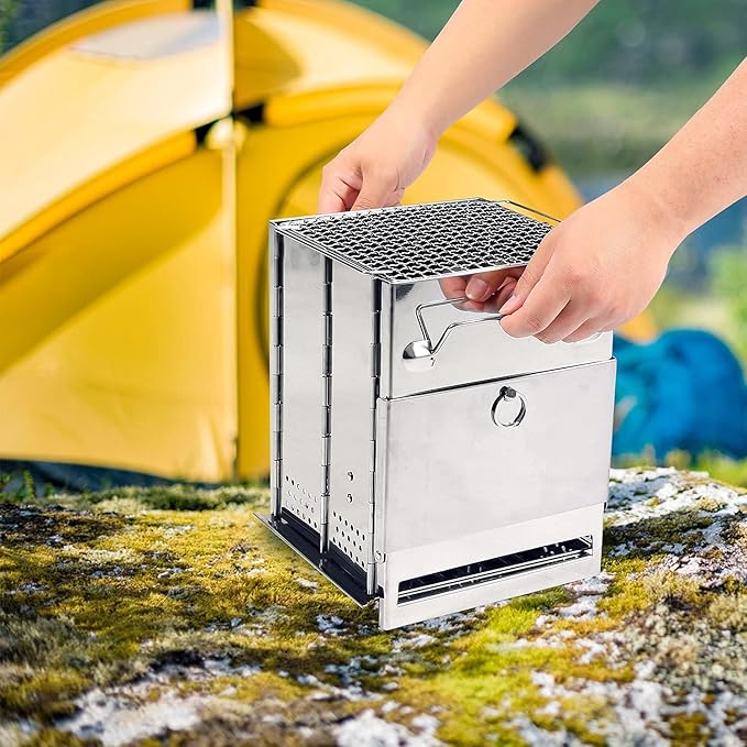 REDCAMP Wood Portable Burning Folding Camp Stove Stainless Steel Grid, Collapsible Backpacking Stove Survival Rocket Stove for Hiking Outdoor Tent Camping Picnic BBQ, Large