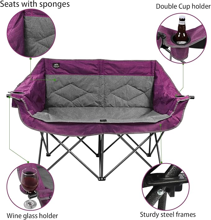 Folding Loveseat Camping Chair,Portable Double Chair w/Cup Holder,Wine Glass Holder,Carry Bag Heavy Duty Lawn Chair for 2 Adults,Perfect for Camp,Hiking,Picnics and Beach Trips,Purple