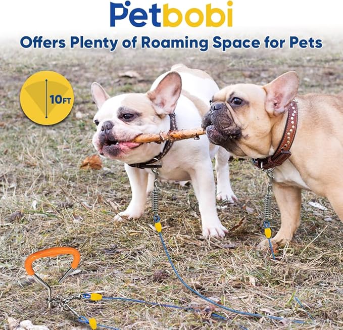 Petbobi Dog Tie-Out Cable and Stake - 10ft Heavy Duty Cable with Spring, No Tangle, 16in Ground Stake, Ideal for Yard, Camping and Beach, Suitable for Small Medium Large Dogs Up to 120 lbs, Blue