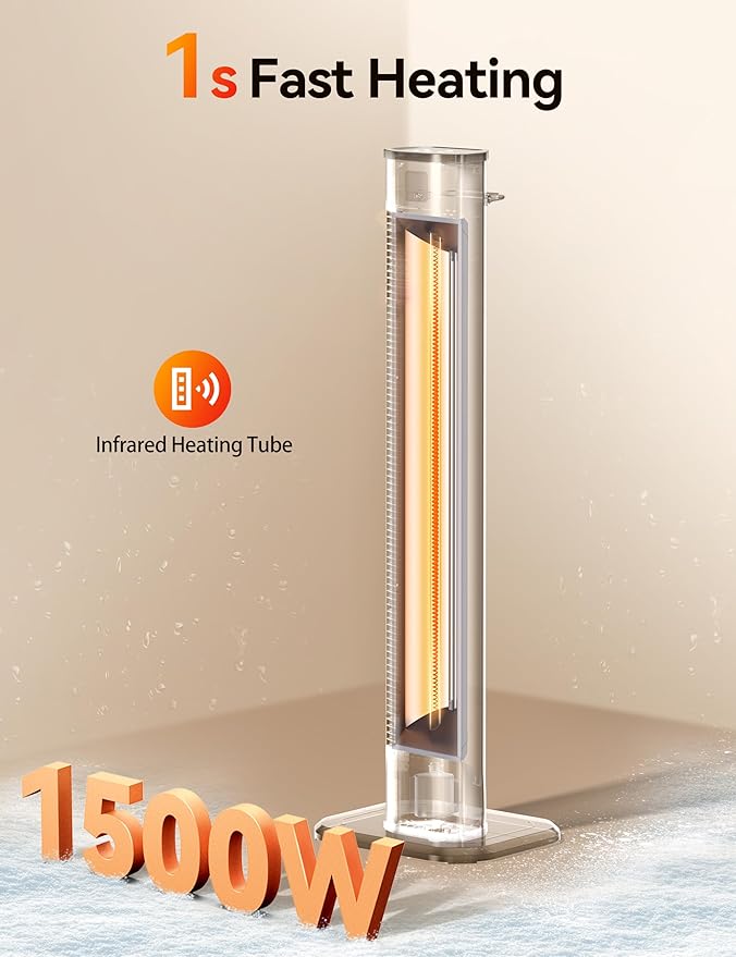 VAGKRI 42" 1500W Electric Outdoor Infrared Heater with Remote, 9 Heat Levels, 24H Timer, 1S Fast Heating, IPX5 Waterproof Tower Space Heater for Home, Office, Patio, Garage