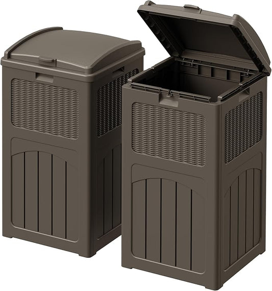 Devoko 33 Gallon Outdoor Trash Can with Dual Lid, Heavy Duty Waterproof Resin Garbage Bins Outside, Hideaway Waste Bins for Patio, Outside Pool, Backyard and Deck (2, Deep Brown)