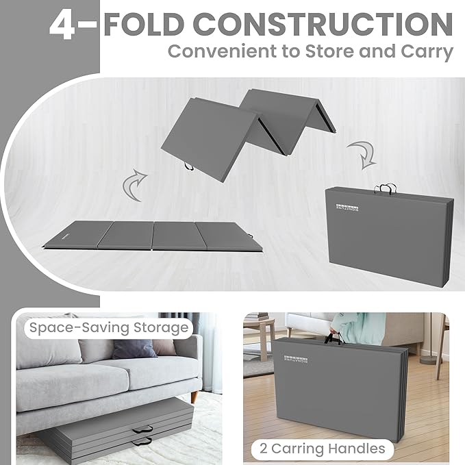 Folding Exercise Gymnastics Mat 10'x4'x2" Gym Workout Mat with Carrying Handles High-Density Anti-Tear Portable Fitness Aerobics Mats for Home Gym Yoga Pilates Tumbling MMA Core Training, Multiple Colors