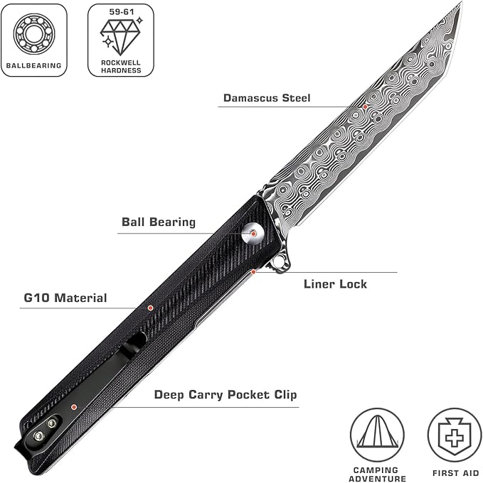 Damascus Pocket Knife GD22K, Flipper Open Tanto Blade Damascus Steel Folding Pocket Knives with Pocket Clip, G10 Handle, Men Women Sharp EDC Pocket Knife Camping Hiking Gift