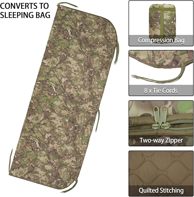 Military Poncho Liner with Zipper Camping Blanket Army Insulation Sleeping Bag Insulated Waterproof for Travel Outdoor Survival Hunting