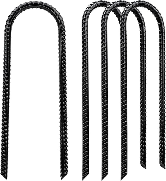 Trampoline Stakes High Wind - Heavy Duty 12 Inch U Shaped Ground Anchors - Galvanized Steel Rebar Stakes for Outdoor Camping Tent Fence Garden Decorations(4 Pack Black)