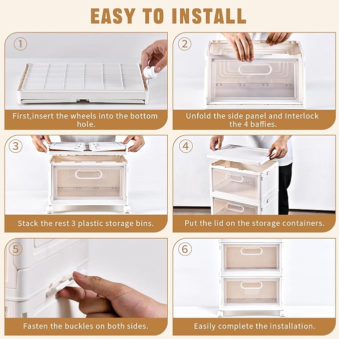 4-Tier Stackable Storage Bins with Lid, 23QT Storage Containers,Clear Foldable Plastic Drawer Storage on Wheels,Closet Organizers and Storage for Living Room,Bedroom,Office,Dorm