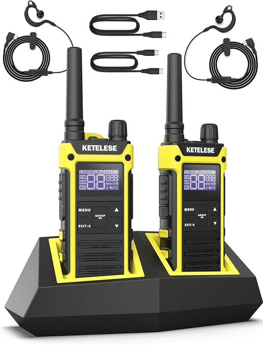 T3F IP67 Waterproof Walkie Talkies, FRS Two Way Radio with Earpiece, Triple Proof, Three Charging Options, USB/Type C Radio, NOAA, VOX (2 Pack), Black/Yellow