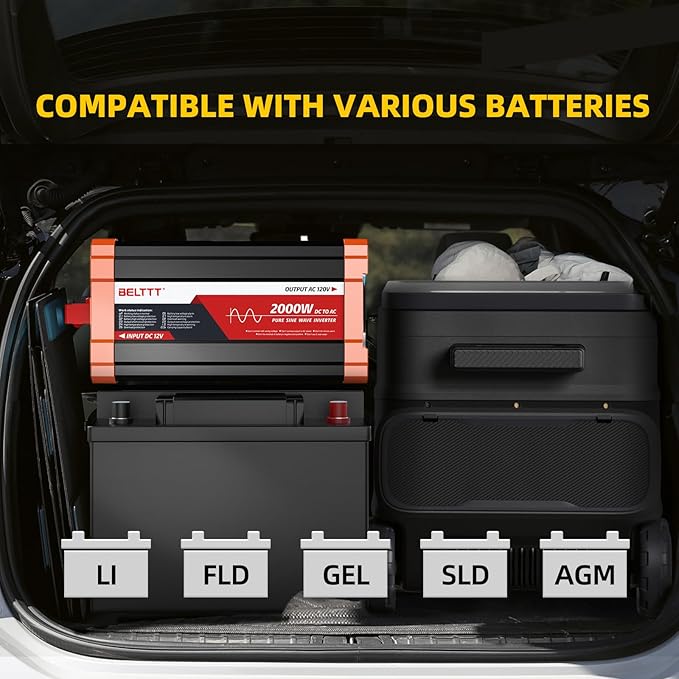 BELTTT 2000W Pure Sine Wave Inverter, Car Power Inverter 12V to 120V AC Converter for RV, Truck, Solar, Outdoor with Dual AC and 20A Socket, 5V 2.1A USB, Surge 4000W, Hardwire Port, Remote Controller
