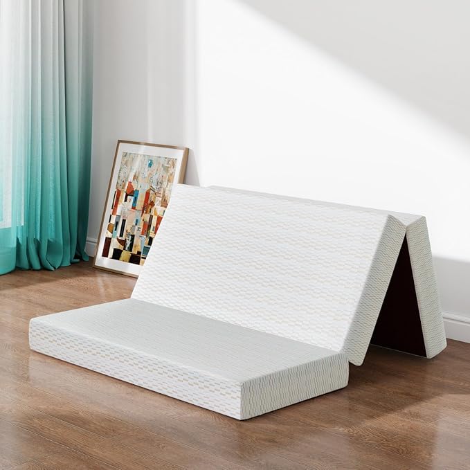 Vipbear Folding Mattress, 6 Inch Tri-fold Mattress King Size, Foldable Memory Foam Mattresses Topper with Washable Cover, Floor Bed with Storage Bag for RV& Camping& Home Use