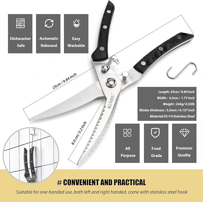 KUNIFU Poultry Shears, All Purpose Heavy Duty Kitchen Scissors For Food Turkey Meat Chicken Herbs, Cooking Scissors Utensils, Kitchen Gadgets Gray