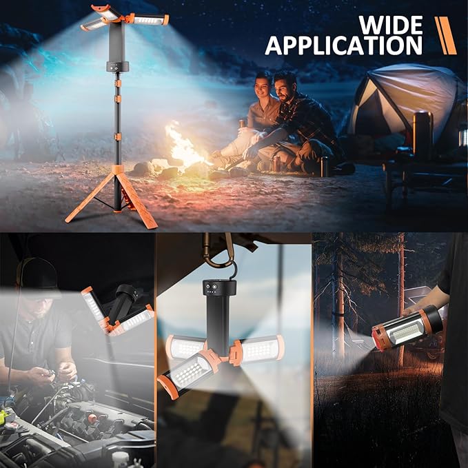 Rechargeable Camping Light with Stand 73" Magnet Work Light Cordless, with 3 Page Head, 2500LM 12000MAH, Hooks & Carrying Bag, Job Site Workshop Outside Orange