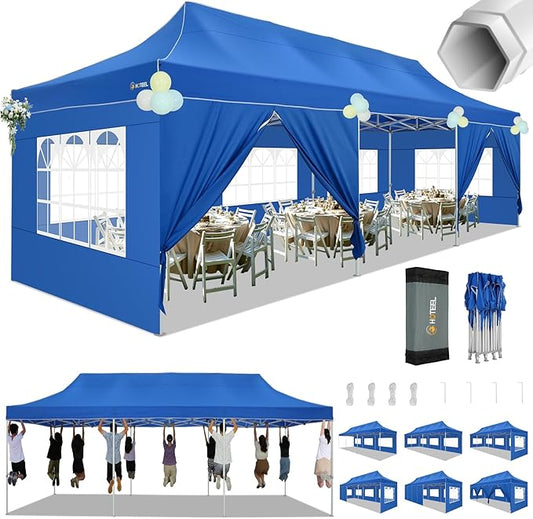 HOTEEL Tents for Parties 10x30 Pop Up Canopy Tent Heavy Duty with 8 Sidewalls, Commercial Party Tent Event Wedding Instant Canopy Waterproof with Carry Bag, UV 50+, Thicked Hexagonal Legs, Blue