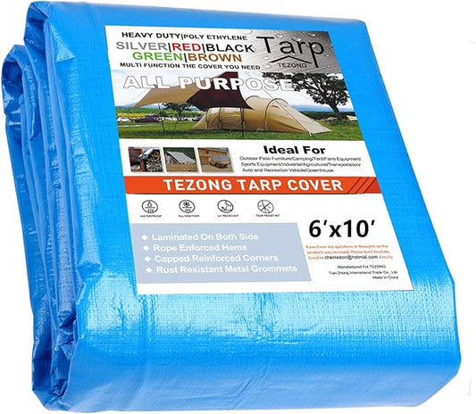 TEZONG Tarps Heavy Duty Waterproof 6x10ft,Blue Plastic Tarps Large Multipurpose Outdoor Tarp Cover Thick Poly Tarpaulin 16MIL for Emergency Rain or Sun, Roof, Patio Furniture, Firewood, Canopy
