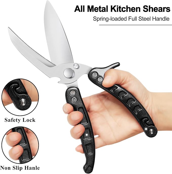 Heavy Duty Kitchen Shears, Detachable Poultry Shears with Serrated Edge, Spring-Loaded Stainless Steel Chef Scissors Cutting Bone, Chicken, Fish, Food, Meat, Black Full Steel Handle