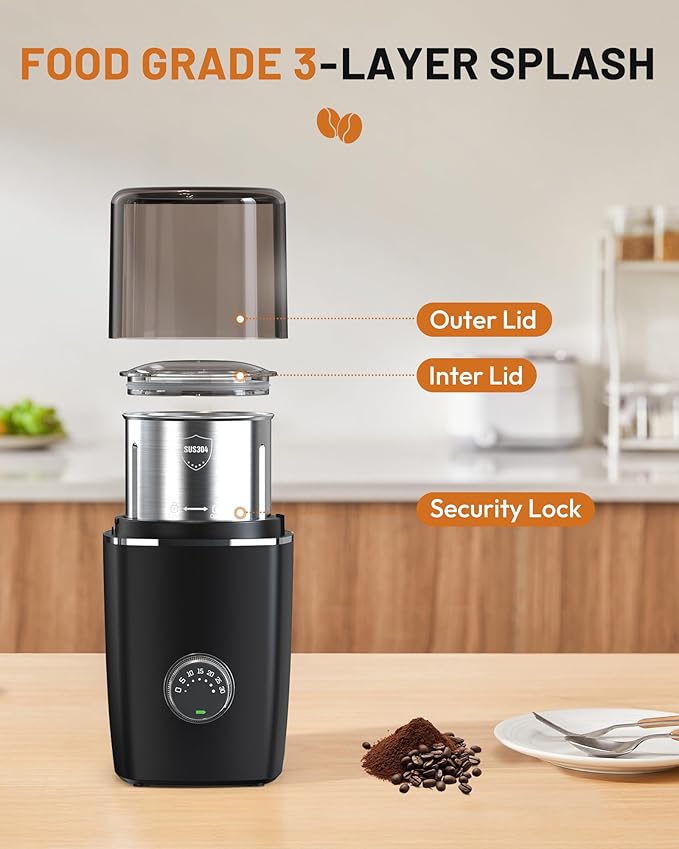 Hands-Free Blade Coffee Grinder, Cordless Coffee Mill with 5-30S Adjustable Grinding, Triple-Lock Safety & 1500mAh Rechargeable Battery with Removable Bowl, Portable for Camping, Travel, etc.