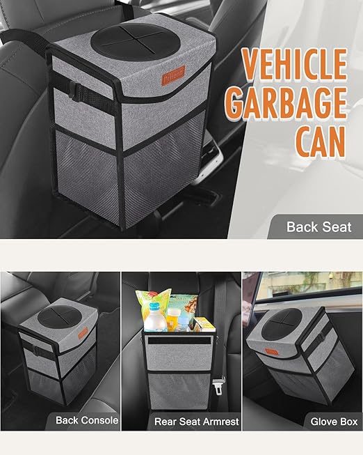 Car Trash Can with Lid, Cute Leakproof Car Trash Garbage Bag Hanging Vehicle Trash Bin Small Portable Automotive Garbage Cans Organizer for Back/Front Seat/Console(Trapezoid,Grey)