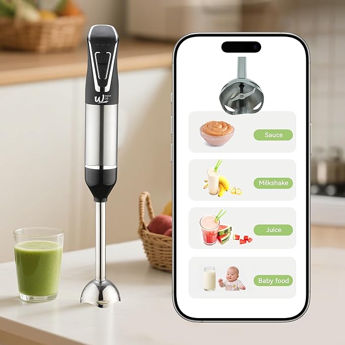 Cordless Immersion Hand Blender by Weavelife - Rechargeable, Portable, One-Touch Control & Safety Lock for Pureeing, Soups, Smoothies with Stainless Steel Blade