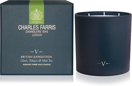 Charles Farris Luxury Scented Candle – 3 Wick, Hand-Poured, Long Lasting, Clean Burning, 640g / 22.5oz, Up to 80 Hours of Burn Time, Made in England – Cloves, Tobacco & Mint Tea – British Expedition