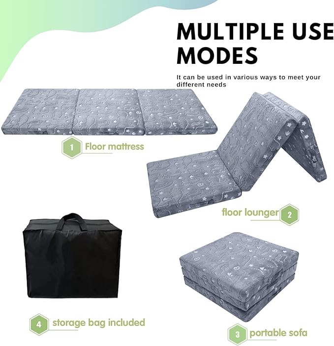 MeMoreCool Glow Dinosaur Foldable Floor Mattress for Kids, Trifold Nap Mat for Toddlers, Portable Daycare Sleeping Futon or Floor Bed, 75x25 Inch