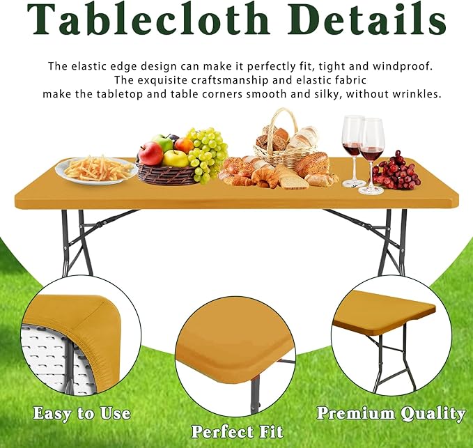 6 Pack 8 Foot Picnic Table Cover Fitted Outdoor Tablecloth for Rectangle Tables Elastic Waterproof Stretch Washable Patio Folding Spandex Table Cloth for Camping Banquet Parties (Mustard,30" x 96")