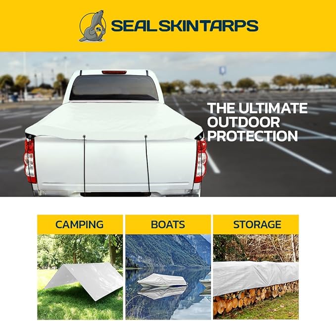 Seal Skin Covers Heavy Duty Waterproof Tarp 12x20 FT, 12 Mil 8 OZ 120 GSM Thick White Poly Tarp with Rustproof Grommets, Tear-Proof Cover with Reinforced Edges for Camping, Pool, Canopy Use