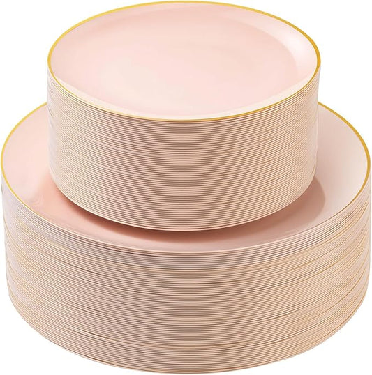 100PCS Pink Gold Plastic Plates, Pink Disposable Plates for Party, Wedding and Graduation, Include 50 Dinner Plates, 50 Dessert Plates for 50 Guests