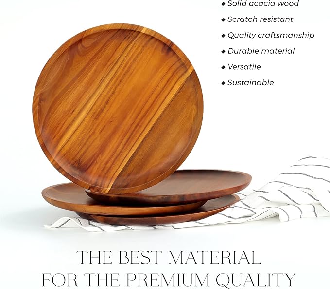 FANICHI Wooden plates (set of 4-11inch) Dinner Plates, Acacia Round Wood Plates, Unbreakable Classic Plates, Easy Cleaning & Lightweight for Dishes Snack, Dessert, Housewarming, Christmas Gift