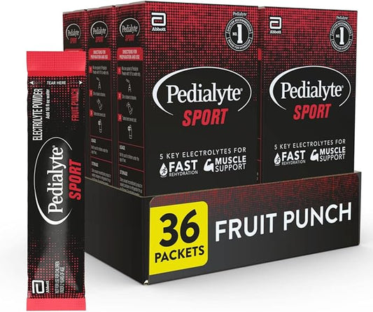 Pedialyte Sport Electrolyte Powder, Fast Hydration with 5 Key Electrolytes for Muscle Support Before, During, & After Exercise, Fruit Punch, 0.49 Oz Sachets 6 Count (Pack of 6)