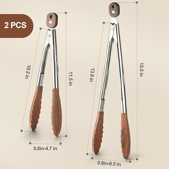 Wooden Kitchen Cooking Tongs 2 Pcs Food Tongs with Wood Tip 9 Inch 12 Inch Walnut Wooden Kitchen Tongs for Salad Tossing and Serving Food