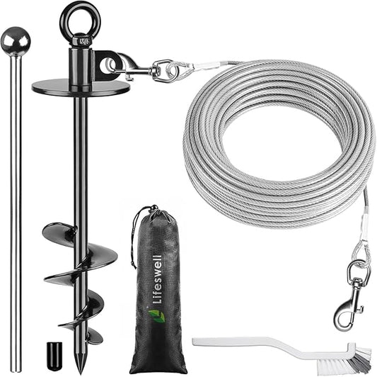 Dog Tie Out Cable and Stake, 50ft Chew Proof Stainless Steel Cable, 15" Heavy Duty Dog Anchor for Dogs Up to 125lbs, No Tangle, Dog Runner for Yard and Camping