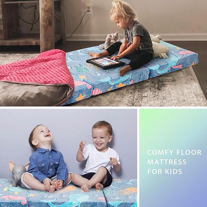 MeMoreCool Foldable Floor Mattress for Kids, Glow Toddlers Trifold Nap Mat, Kids Folding Mattress Portable Sleeping Futon for Daycare or Floor Bed, 57x22 Inch Blue