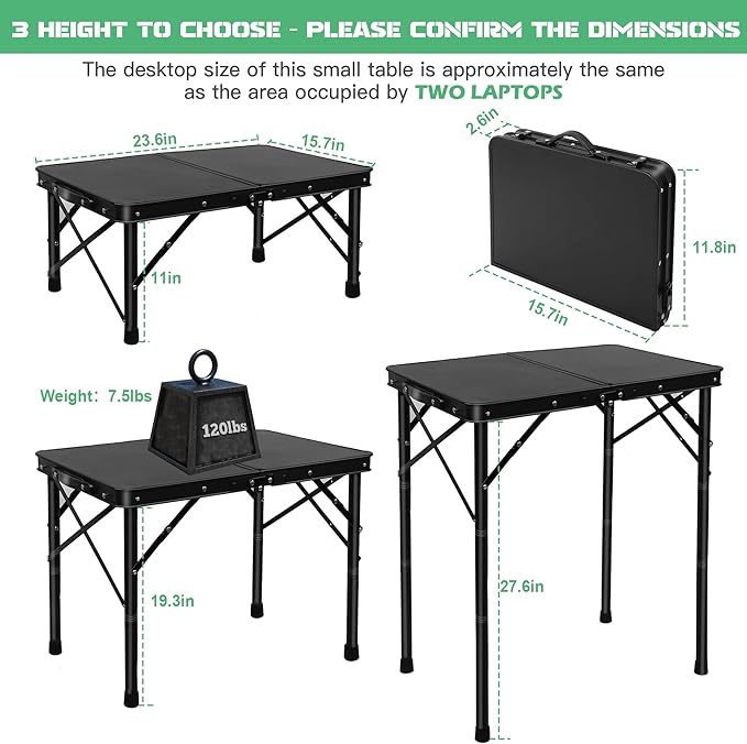 23”L×15”W×27”H Small Metal Folding Table, Picnic Camping Side Table for Outdoor Garden Patio - Portable Lightweight, Compact & Height Adjustable Grill Stand BBQ