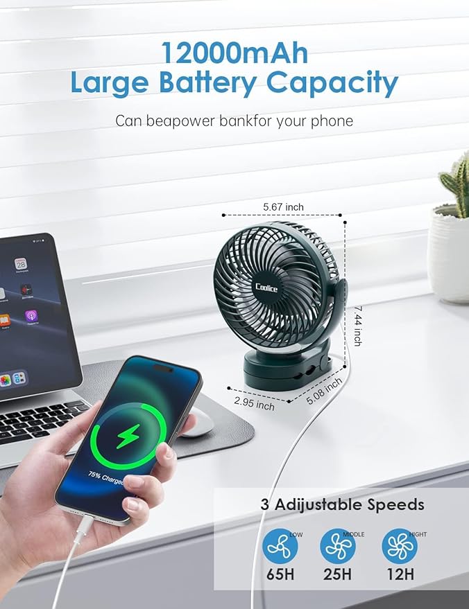 Camping Fan with Remote Control - 12000mAh Rechargeable Battery Powered Fan, Camping Fans for Tents with LED light & Hanging Hook, Rechargeable Battery Operated Ceiling Fans for Tent RV Bed, Green