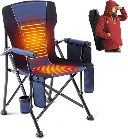 Lamberia Camping Chairs, Portable Heated Folding Chairs for Outdoor Sports, Heavy Duty Lawn Chairs for Adults Support 400lbs, Heated Camp Chair with Cup Holder,Navy Blue(2 Battery Pack Required)