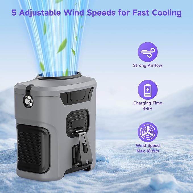 Portable Waist Fan with 5 Speeds, 16000RPM Strong Airflow, 10000mAh Rechargeable Hands-Free Neck Fan with Flashlight & SOS Mode, Wearable Clip Belt Fans for Camping Travel Jobsite Farms Fishing