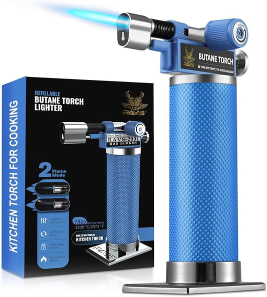 RAVS 2 Flame Mode Butane Torch, Kitchen Torch Lighter for Creme Brulee, Mini Torch with Adjustable Flame, Refillable Soldering Torches for Welding, Resin Art, Blue Cooking torch Butane not Include