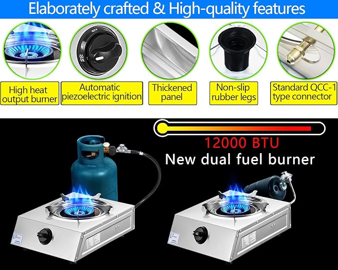 Propane Stove Single Burner Propane Stove 1 Burner 12,000 BTU Dual Fuel Auto Ignition with CSA Converter / QCC1 LPG Hose for Emergency Outdoor Cooking