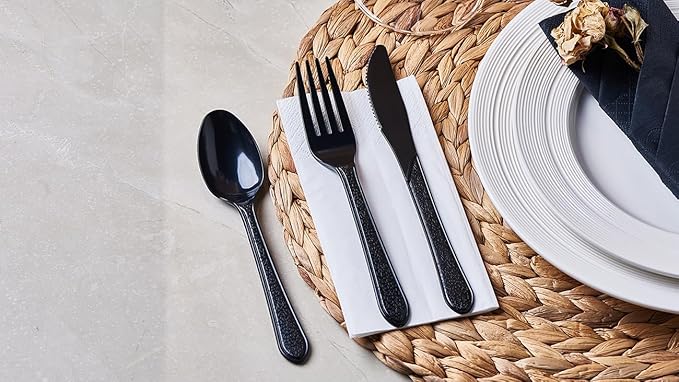 FULING [300 Combo Box] Black Plastic Forks Spoons Knives Heavyweight Utensils Disposable Silverware Heavy Duty Cutlery Set