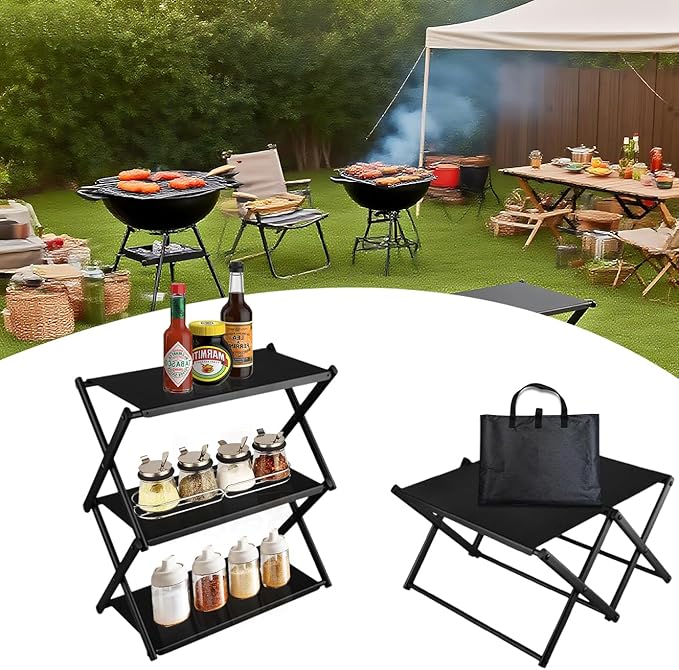 Folding Camping Table with Carry Bag, Portable Beach Tables for Sand Foldable, 3-Tier Storage Shelf Racks for Travel, Fishing, Picnic, Festivals, Outdoor Activities and Home