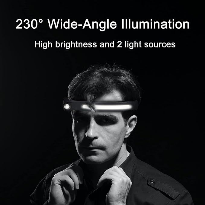 Headlamp Rechargeable, 3Pack Rechargeable LED Headlamps 1200Lumens 2 COB 230°Wide Beam Headlight with Motion Sensor Bright 5 Modes Lightweight Waterproof Head Lamp for Outdoor Running, Camping Hiking