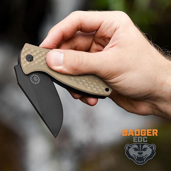 Off-Grid Knives - Badger EDC Folding Knife with Sandvik 14C28N Blade, Ball Bearing Pivot, G10 Scales, Grid-Lock, Ambidextrous Deep Carry Clip (Coyote)