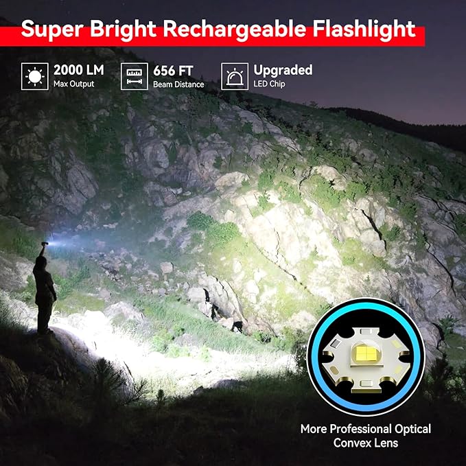 LETMY Rechargeable Flashlights High Lumens, 2 Pack 2000 Lumens Bright LED Tactical Flashlight, 3 Modes Samll Powerful Flash Lights with Clip, Waterproof Flashlights for Home Emergency Camping (Red)