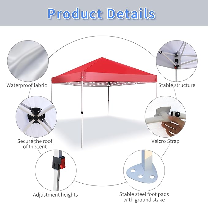 Pop Up Canopy 8X8 FT,Portable Sun Instant Shelter w/Backpack Bag,Waterproof,Adjustable Straight Leg Heights Canopies,Outdoor Tents for Parties,Camping,Commercial Event,Red