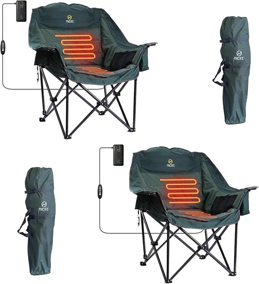 Nice C Heated Camping Chairs with Battery, Outdoor Heated Chair, Oversized XL Padded Camping Chair, Camp Chairs, Wide&Thick, Heavy Duty 400lb, Carry Bag, Cupholder & Cooler (Two Green)