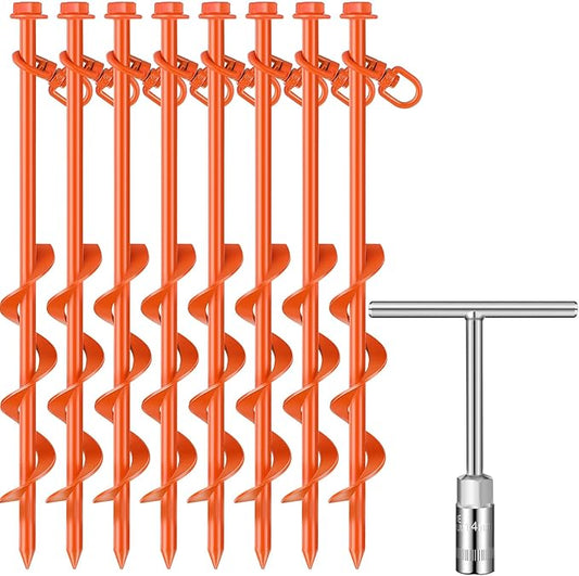 8 Pcs Ground Anchors Screw in, 12 Inch Heavy Duty Tent Stakes with Trampoline Anchor Hook Ground Stakes for Camping Tent Canopies Ports Sheds Swing Sets Securing Animals (Orange)