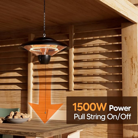 Patio Heater for Outdoor Use 1500W Electric Infrared Hanging Heater, Ceiling Mounted, Waterproof for Porch, Garage, Balcony, Overheat Protection Deep Black