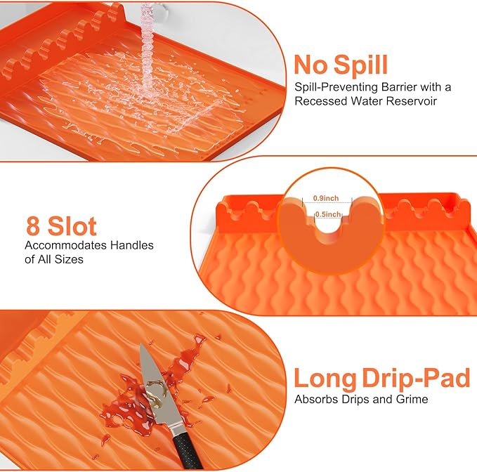 2-Pack Silicone Griddle Mat for Blackstone – Heat-Resistant Utensil Holder with Drip Tray, Non-Slip BBQ Tool Organizer for Grill, Kitchen Countertop & Outdoor Cooking Accessories(Orange)
