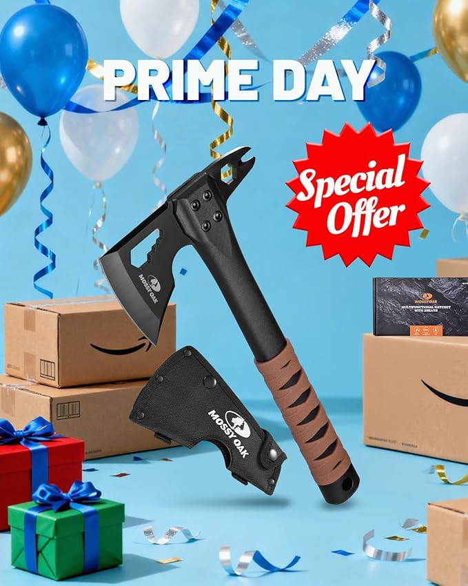 MOSSY OAK 12" Camping Axe and Survival Hatchet with Sheath, Compact Outdoor Multitool Hatchet with Hex Wrench Slots, Non-Slip Dual-Color Handle, Small Camping Gear for Hiking, Chopping, Hunting