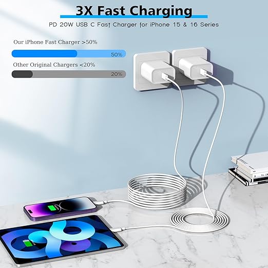 [Apple MFi Certified]Long 10Foot USBC to USBC Cable Fast Charging for iPhone 17/16e/15,3Pack 20W Fast Apple Phone Charger Block 10FT Type C Cord for iPhone 17 Air/17/16/15 Pro/Pro Max/iPad Pro/AirPods