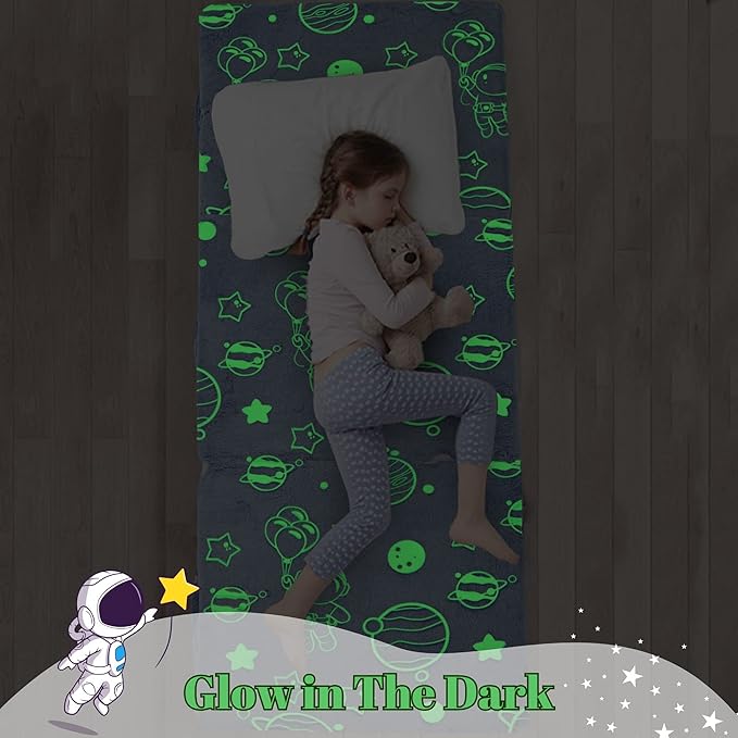 MeMoreCool Glow Space-Themed Foldable Floor Mattress for Kids, Trifold Nap Mat with Planets and Stars, Portable Daycare Sleeping Futon or Floor Bed, 57x22 Inch